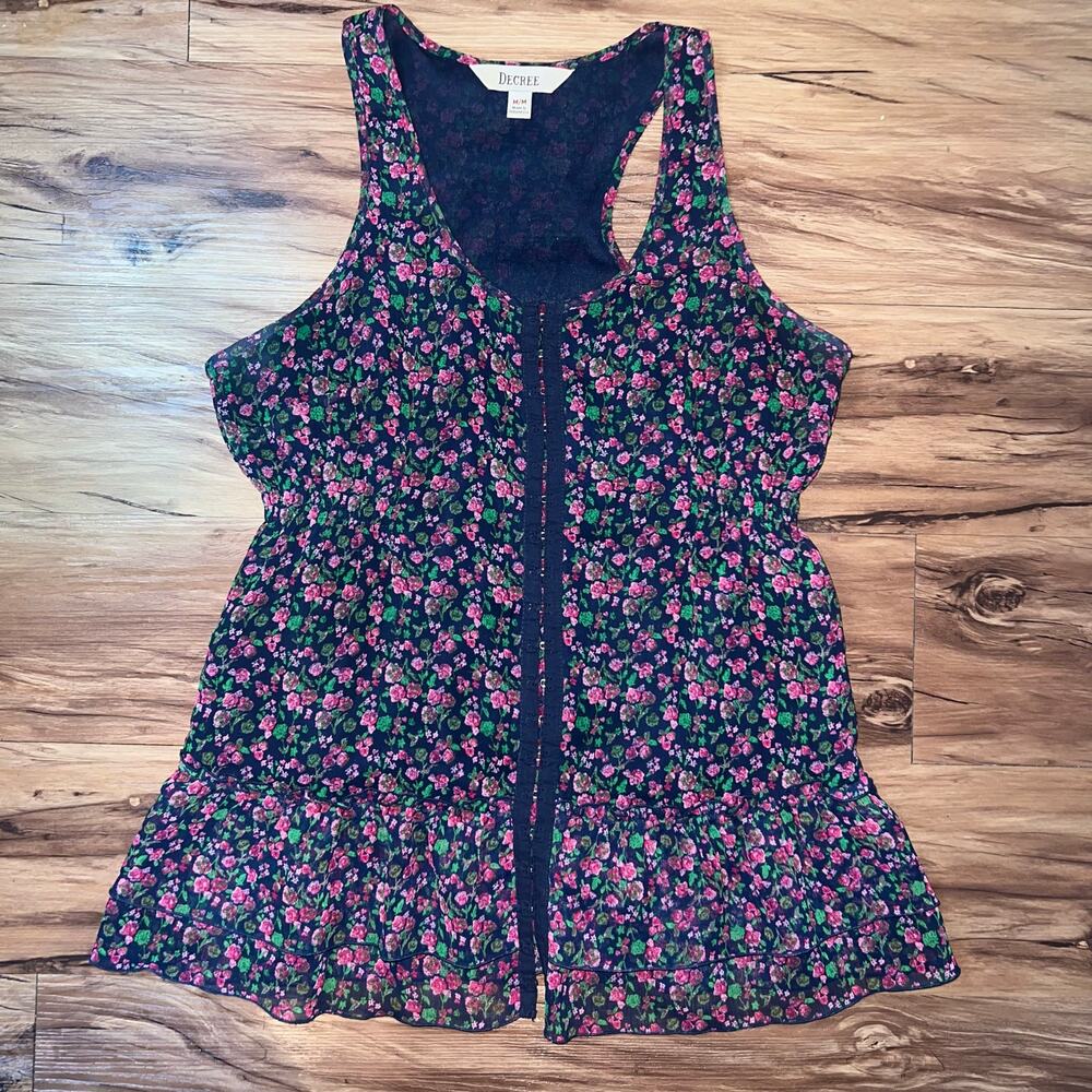 5/$25 Sleeveless Scoopneck  Lightweight Blue Pink Floral Ruffled Lace Tank Med
